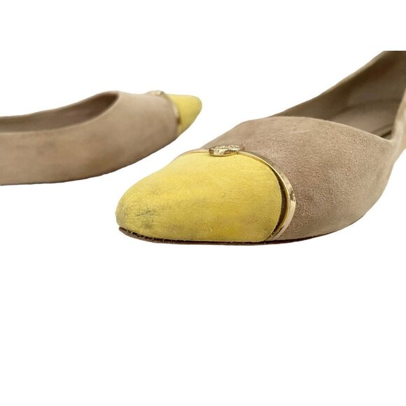 Tory Burch Pointed Suede Ballet Flats in Colorblock Cream and Yellow - Picture 4 of 9
